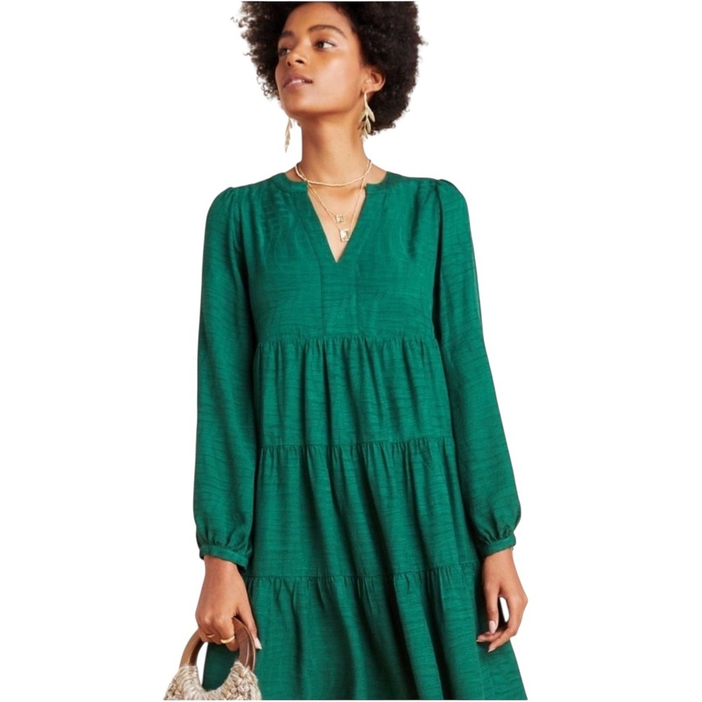Maeve‎ Anthropologie Tiered Mini Dress Long Sleeve Casual Green S